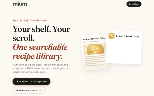 Screenshot of Mium — Digital Cookbooks & AI Recipe Scanner