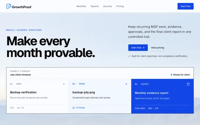 Screenshot of MSP Compliance Evidence Reporting | GrowthProof