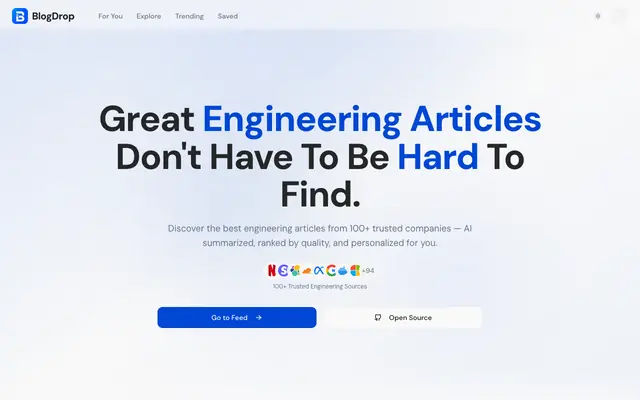 Screenshot of BlogDrop — Every Engineering Blog. One Feed.