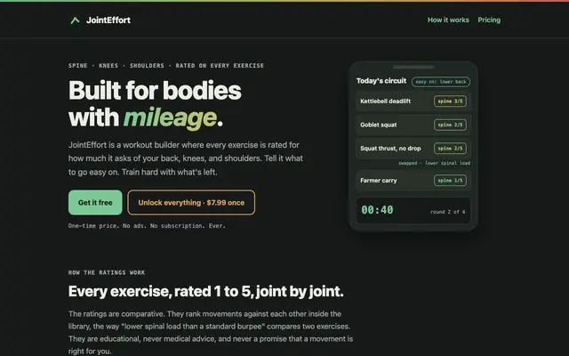 Screenshot of JointEffort - train hard around a tweaky back or bad knee