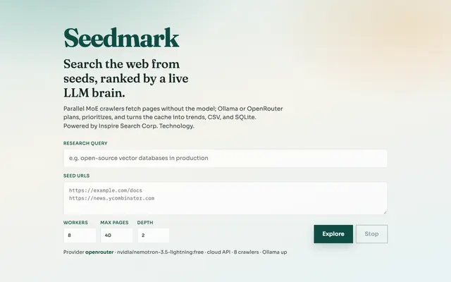 Screenshot of Seedmark — LLM Search & Crawl