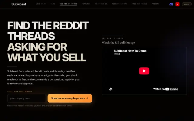 Screenshot of SubRoast — AI Reddit Growth Tool for Founders