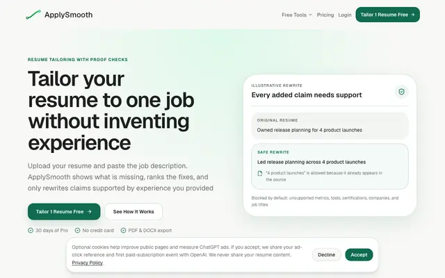 Screenshot of AI Resume Builder for Job Description Tailoring | ApplySmooth
