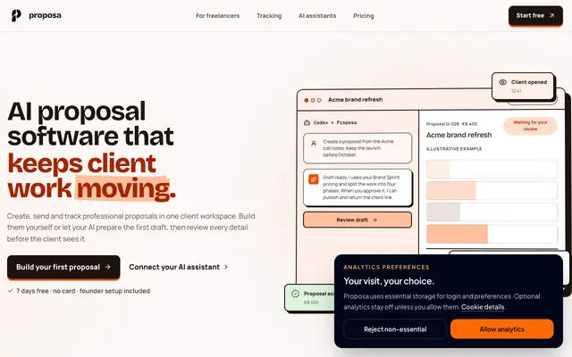 Screenshot of AI Proposal Software for Freelancers | Proposa