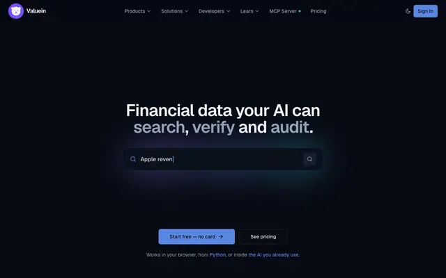 Screenshot of Valuein — SEC EDGAR Financial Data Built for AI Agents
