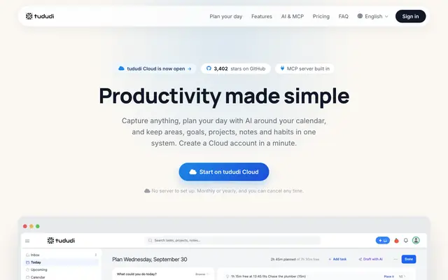 Screenshot of tududi: self-hosted task manager and life management system, with MCP for AI age