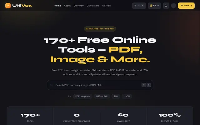 Screenshot of UtilVox — 170+ Free Online Tools | PDF, Image & More