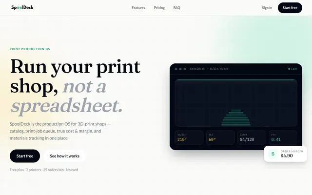 Screenshot of SpoolDeck — Print Production OS for 3D-print shops