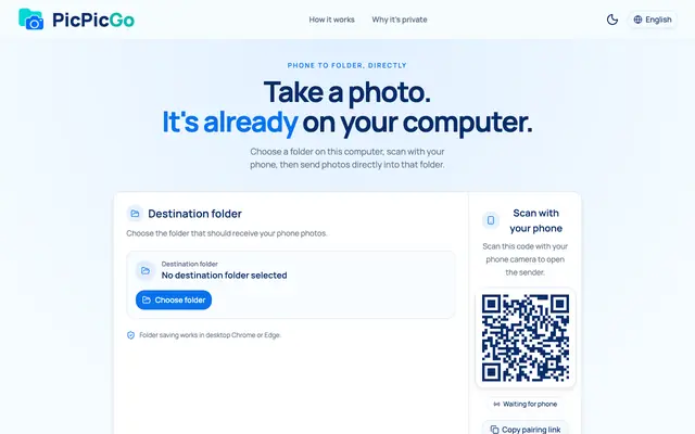 Screenshot of PicPicGo — Phone photos, straight to your computer
