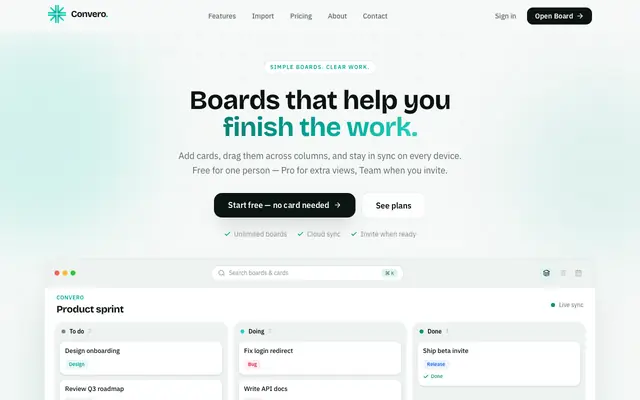 Screenshot of Convero — simple Kanban boards for solo and teams