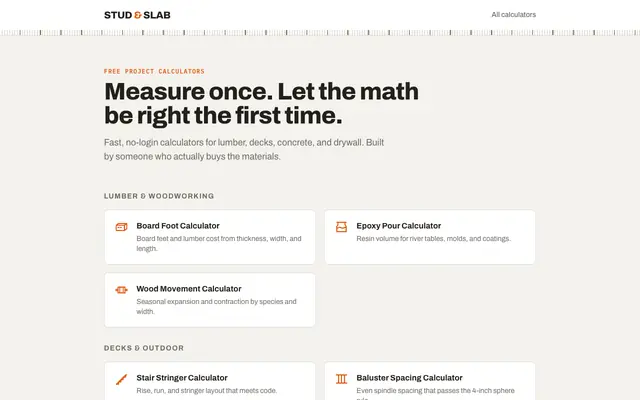 Screenshot of Stud & Slab | Free DIY and Home Project Calculators