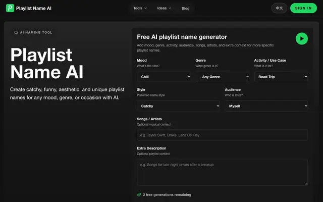Screenshot of Playlist Name AI – Free AI Playlist Name Generator