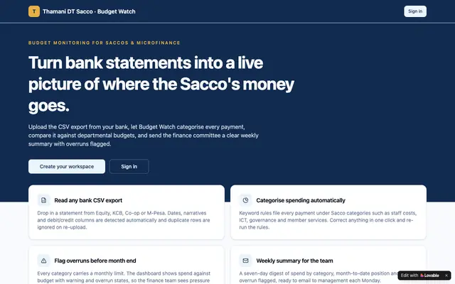 Screenshot of Thamani Budget Watch · Sacco spend monitoring