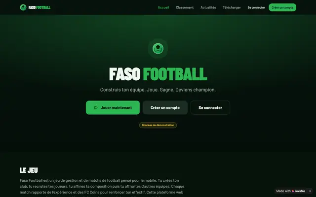 Screenshot of Faso Football — Construis ton équipe. Joue. Gagne.