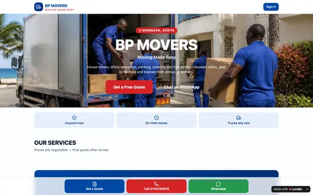 Screenshot of BP Movers Kenya | House & Office Moving in Mombasa