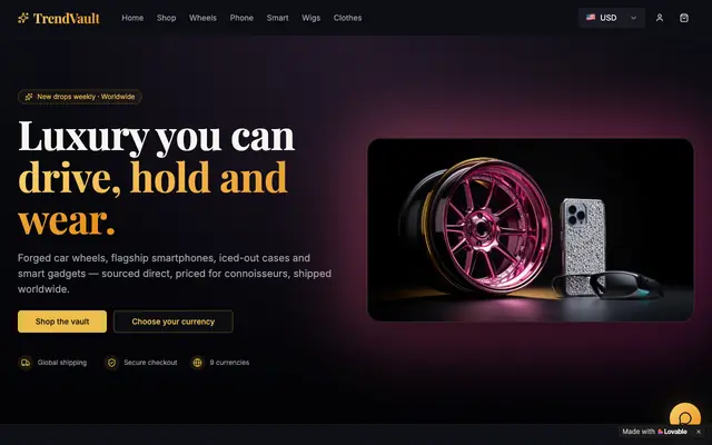Screenshot of TrendVault — Luxury Wheels, Phones & Smart Tech