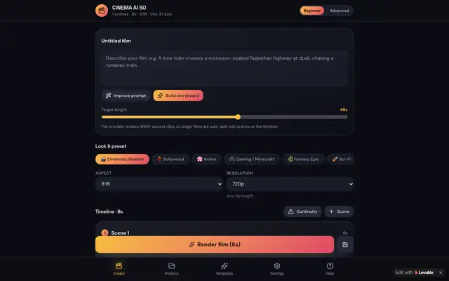 Screenshot of Cinema AI 50 — 50-Second AI Video Studio