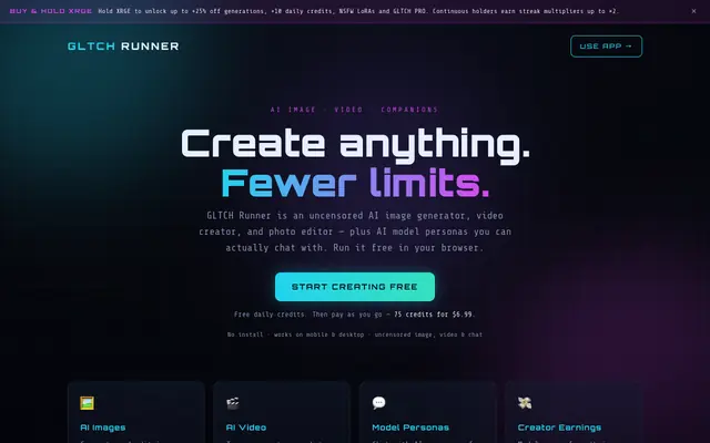 Screenshot of GLTCH Runner — Uncensored AI Image & Video Generation