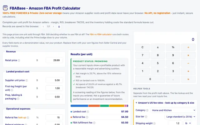 Screenshot of Free FBA Profit Calculator: Margin, ROI & Breakeven ACOS | FBAbase