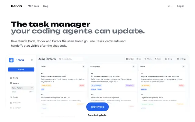 Screenshot of Kelvia — boards and tasks for people and AI agents