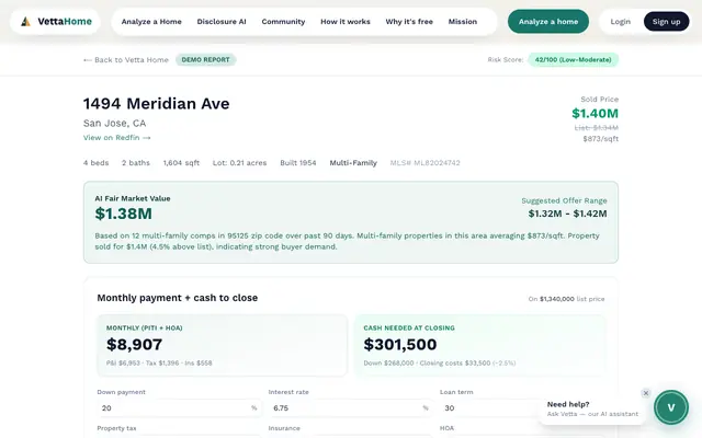 Screenshot of AI Report: 1494 Meridian Ave, San Jose | Vetta Home Demo | Vetta Home