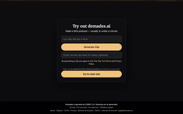 Screenshot of Demades — turn any topic into a podcast clip