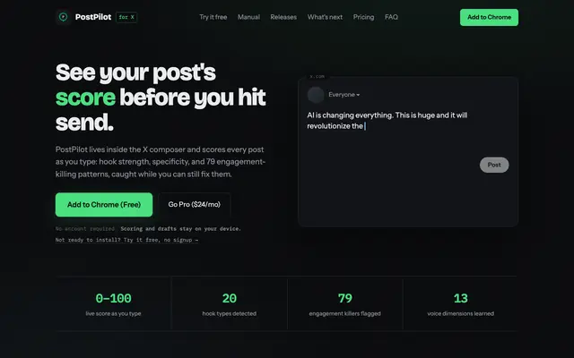 Screenshot of PostPilot for X: Chrome Extension to Score Your Posts Before You Hit Send