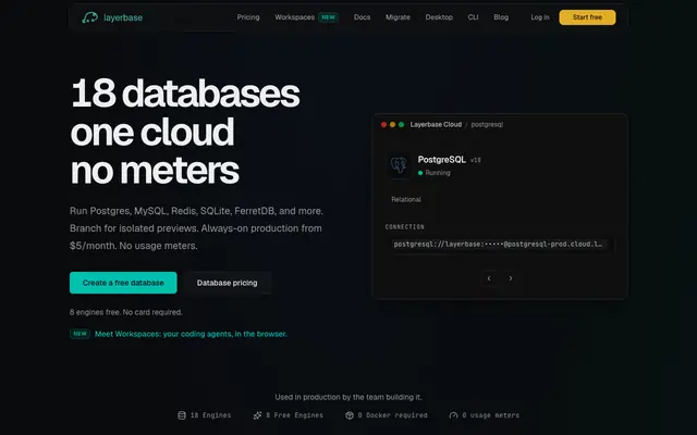 Screenshot of Serverless and Managed Databases for 18 Engines | Layerbase