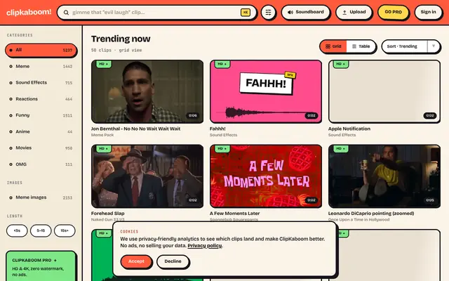 Screenshot of Browse reaction & meme clips