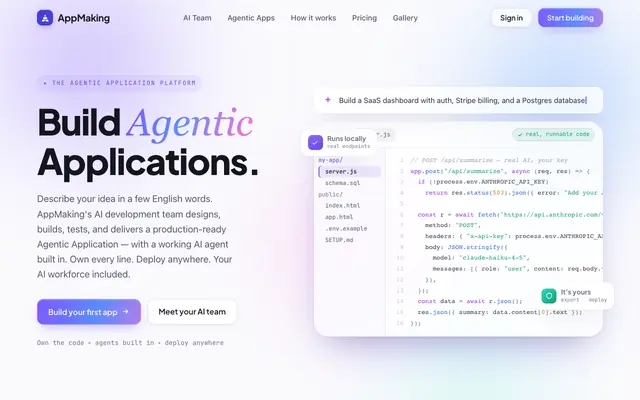 Screenshot of AppMaking — Build Agentic Applications from a few English words.