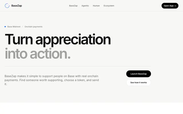 Screenshot of BaseZap — Real USDC Tips on Base