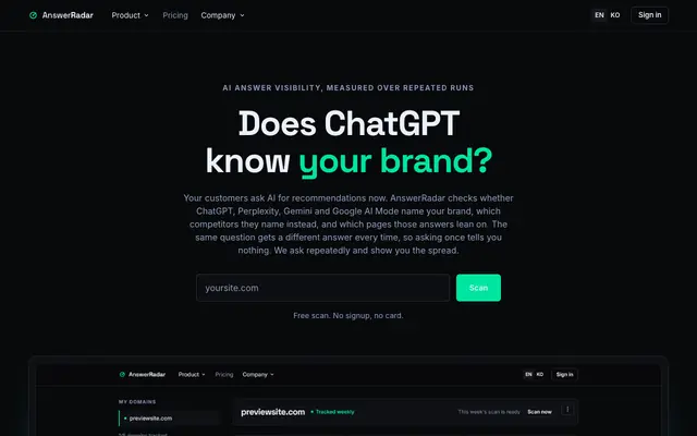 Screenshot of AnswerRadar — Does ChatGPT know your site?
