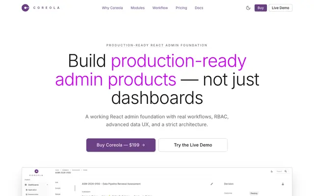 Screenshot of Coreola — production-ready React admin foundation