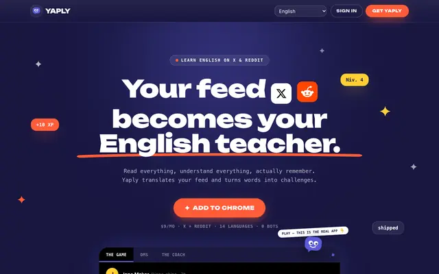 Screenshot of Yaply : apprendre l'anglais sur X et Reddit