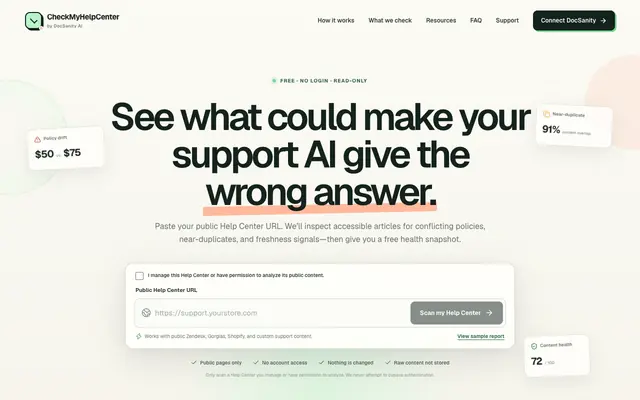Screenshot of CheckMyHelpCenter — Free Help Center Health Check