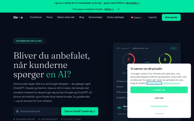 Screenshot of Bliv synlig på Google — og anbefalet af ChatGPT | Geoa