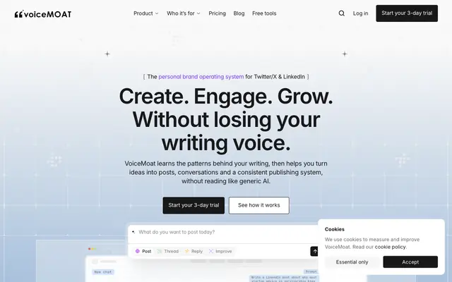 Screenshot of Grow on Twitter & LinkedIn, never sound like AI. VoiceMoat