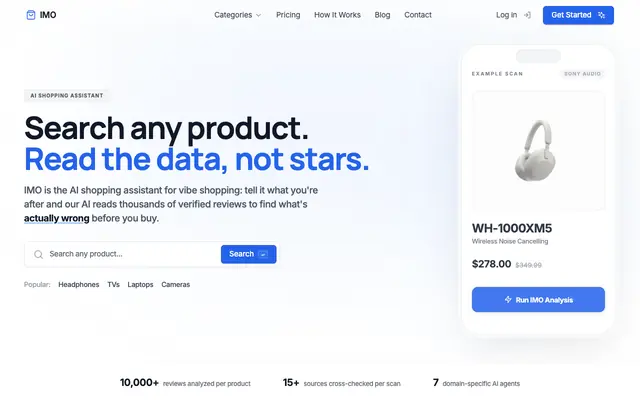 Screenshot of IMO — AI Shopping Assistant | Read the Data, Not Stars