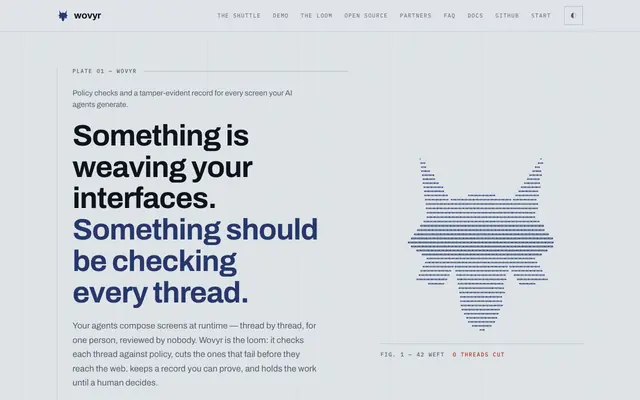 Screenshot of Wovyr — Policy and an audit trail for AI-generated interfaces