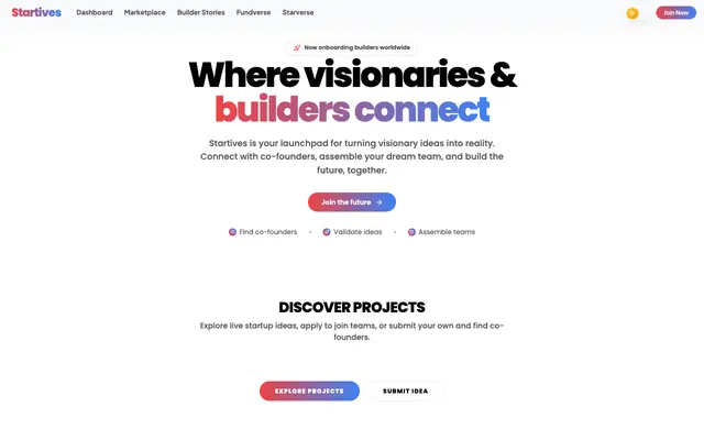 Screenshot of Startives: Find Co-Founders, Build Startups & SaaS