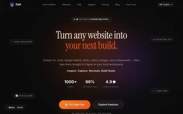 Screenshot of ZipIt — Extract Code, Fonts & Assets from Any Site