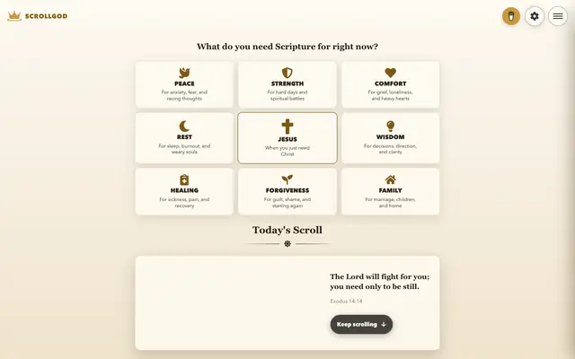 Screenshot of Christian Bible Verse Images for Every Moment | ScrollGod