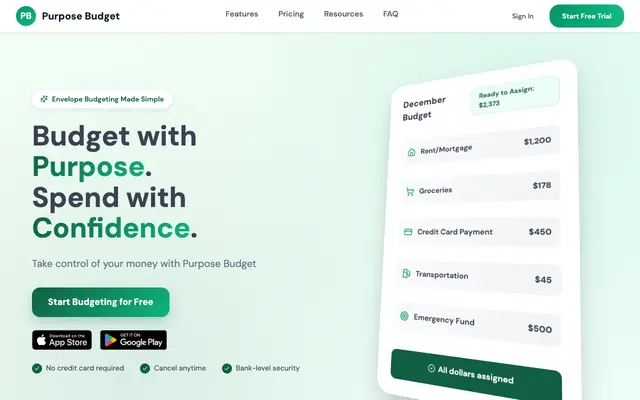 Screenshot of Purpose Budget - Budget with Purpose. Spend with Confidence.