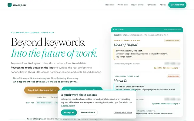 Screenshot of ReLoop.me — Capability intelligence for non-linear careers