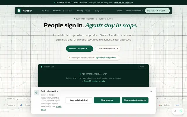 Screenshot of NamoID — Identity for users, permission for their agents