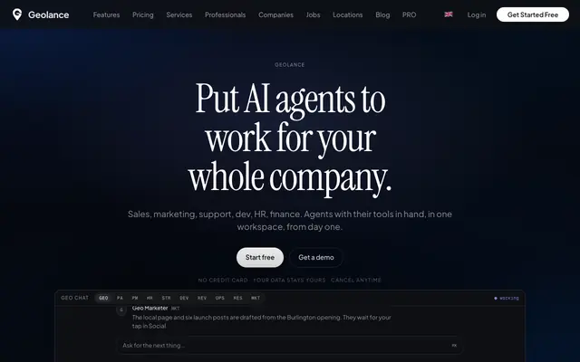 Screenshot of Geolance — Work on Autopilot. Hire Agents or Get Hired.