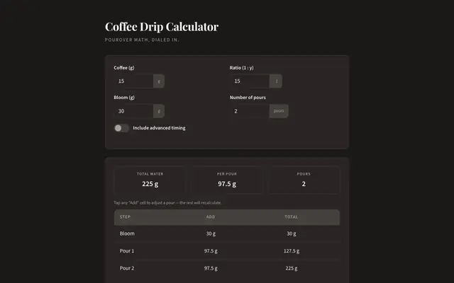 Screenshot of Coffee Drip Calculator