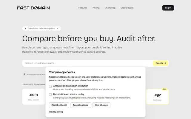 Screenshot of Fast Domain | Domain Price Comparison & AI Generator
