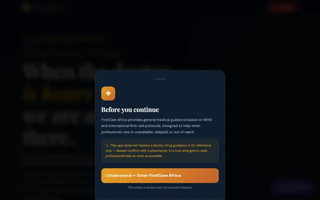 Screenshot of FirstCare Africa — Medical Guidance When Doctors Aren't Available