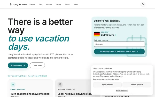 Screenshot of Vacation Optimizer | Plan Vacation Days Around Public Holidays